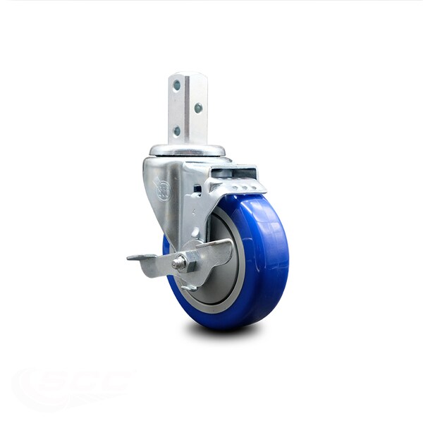 4 Inch Blue Polyurethane Wheel Swivel 3/4 Inch Square Stem Caster with Brake
